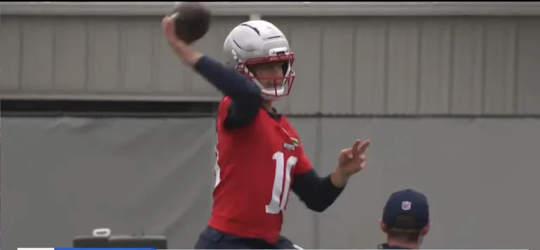 Drake Maye four interceptions OTA practice struggle